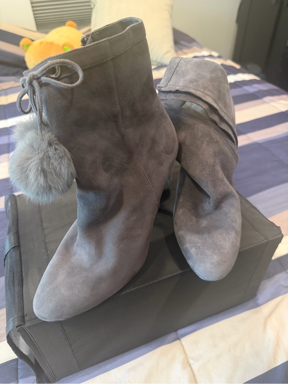 Michael Kors Gray Suede Ankle Booties with Pom-Pom Accent